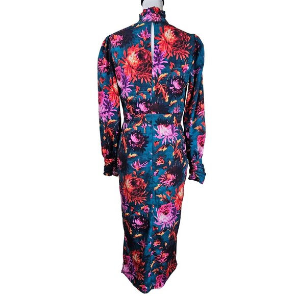 Hope & Ivy Green‎ Floral Midi Dress 8 High Neck Vibrant Bloomcore Button Detail - Picture 2 of 16
